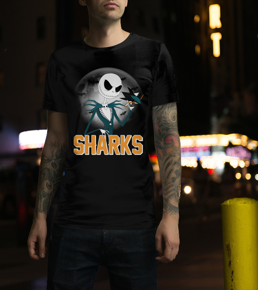Jack Skellington San Jose Sharks Halloween Moon Background T-Shirt