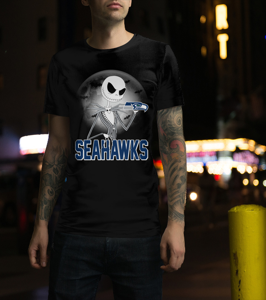 Jack Skellington Seattle Seahawks Halloween Moon T-Shirt