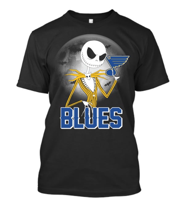 Jack Skellington Holding St. Louis Blues Logo With Halloween Moon Background T-Shirt