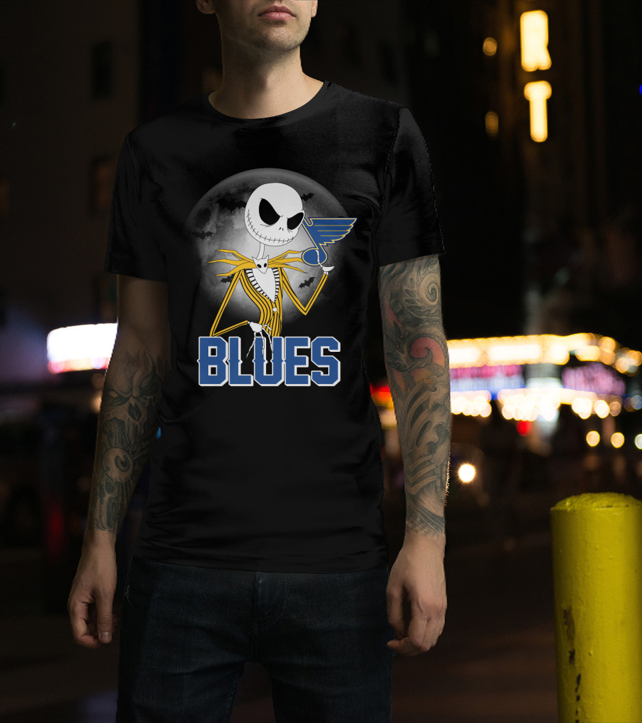 Jack Skellington Holding St. Louis Blues Logo With Halloween Moon Background T-Shirt