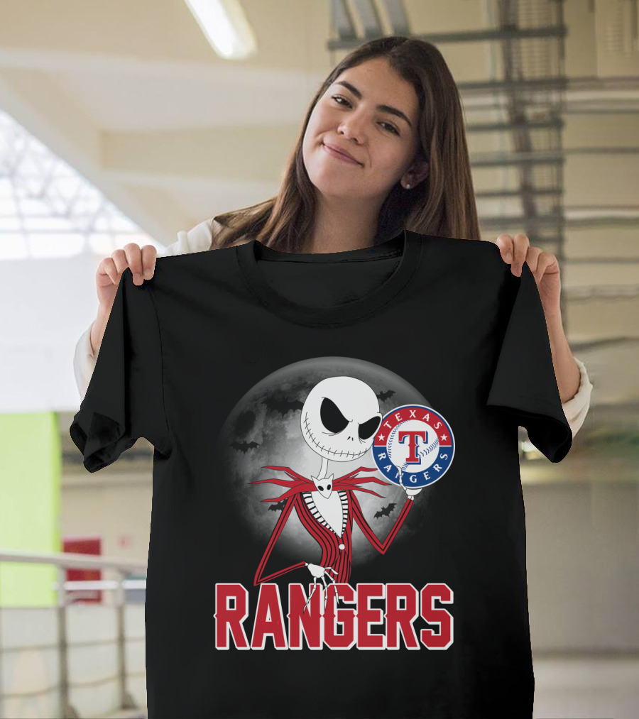 Jack Skellington Halloween Texas Rangers Baseball Moon T-Shirt