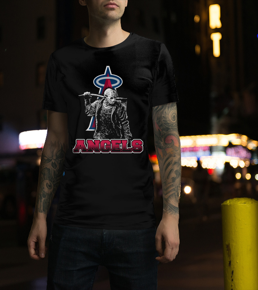 Jason Voorhees With Baseball Bat And Los Angeles Angels Logo Featuring Bold Angels Text T-Shirt