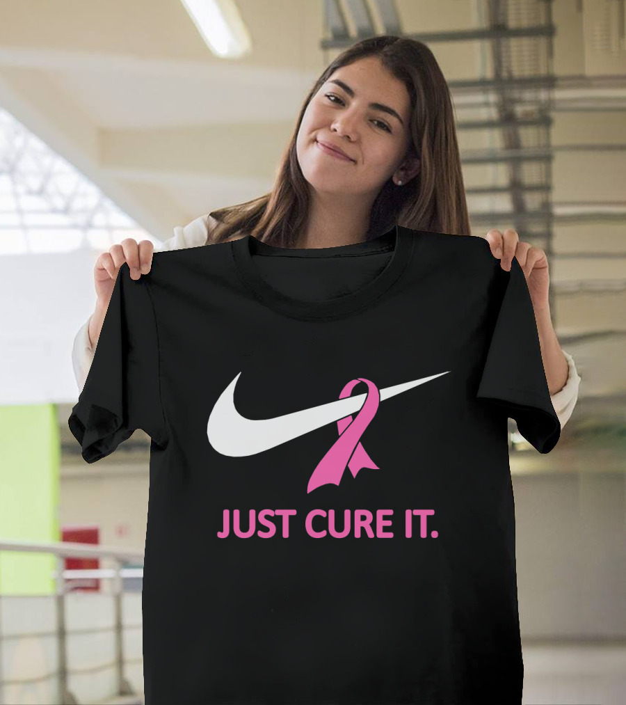 Just Cure It Pink Ribbon Breast Cancer Awareness Swoosh T-Shirt