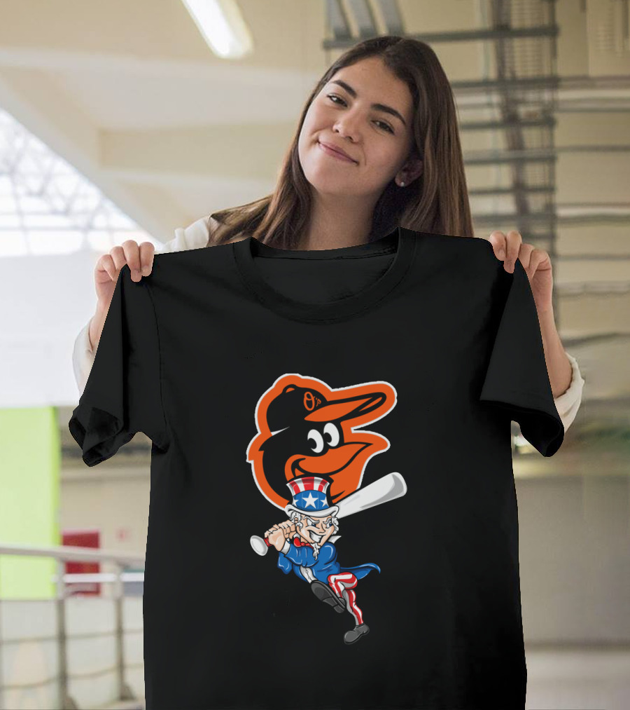 Uncle Sam Swinging Baseball Bat With Baltimore Orioles Logo For 4Th Of July Celebration T-Shirt