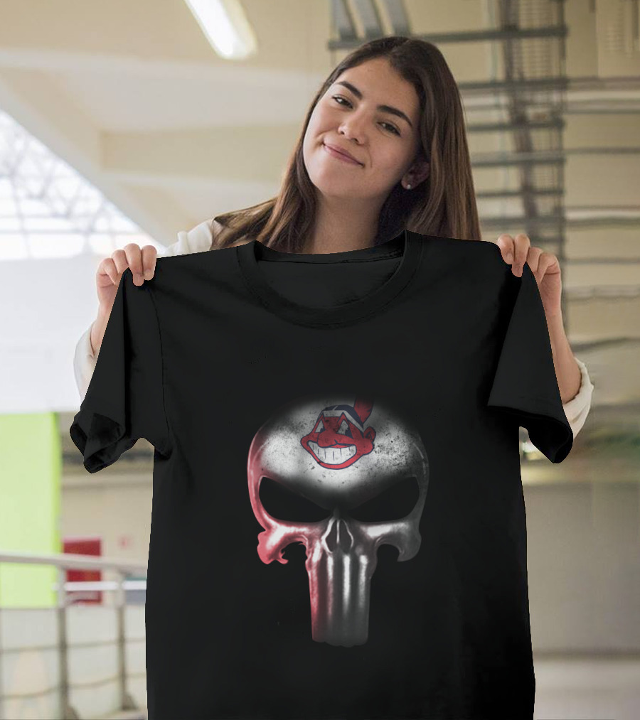Cleveland Indians Fans Punisher Skull Logo Iconic Mashup T-Shirt