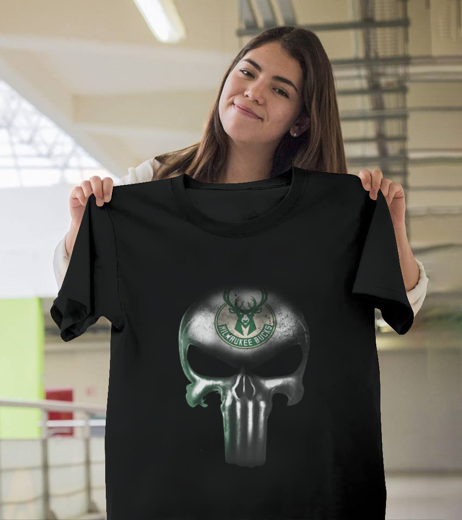Milwaukee Bucks Punisher Skull Logo Crossover Fan Favorite T-Shirt