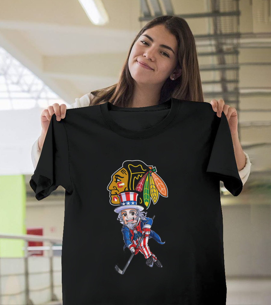 Uncle Sam Playing Hockey With Chicago Blackhawks For 4Th Of July Celebration T-Shirt