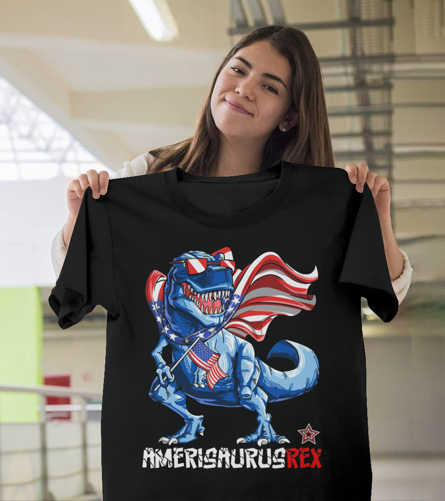 Amerisaurus Rex Dinosaur With Usa Flag And Star Sunglasses For Patriotic 4Th Of July T-Shirt