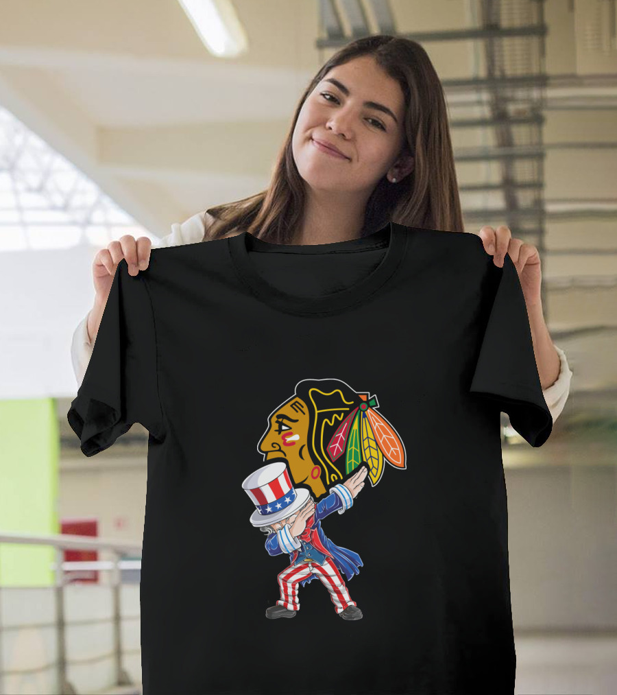 Uncle Sam Dabbing with Chicago Blackhawks Logo on 4th of July T-Shirt