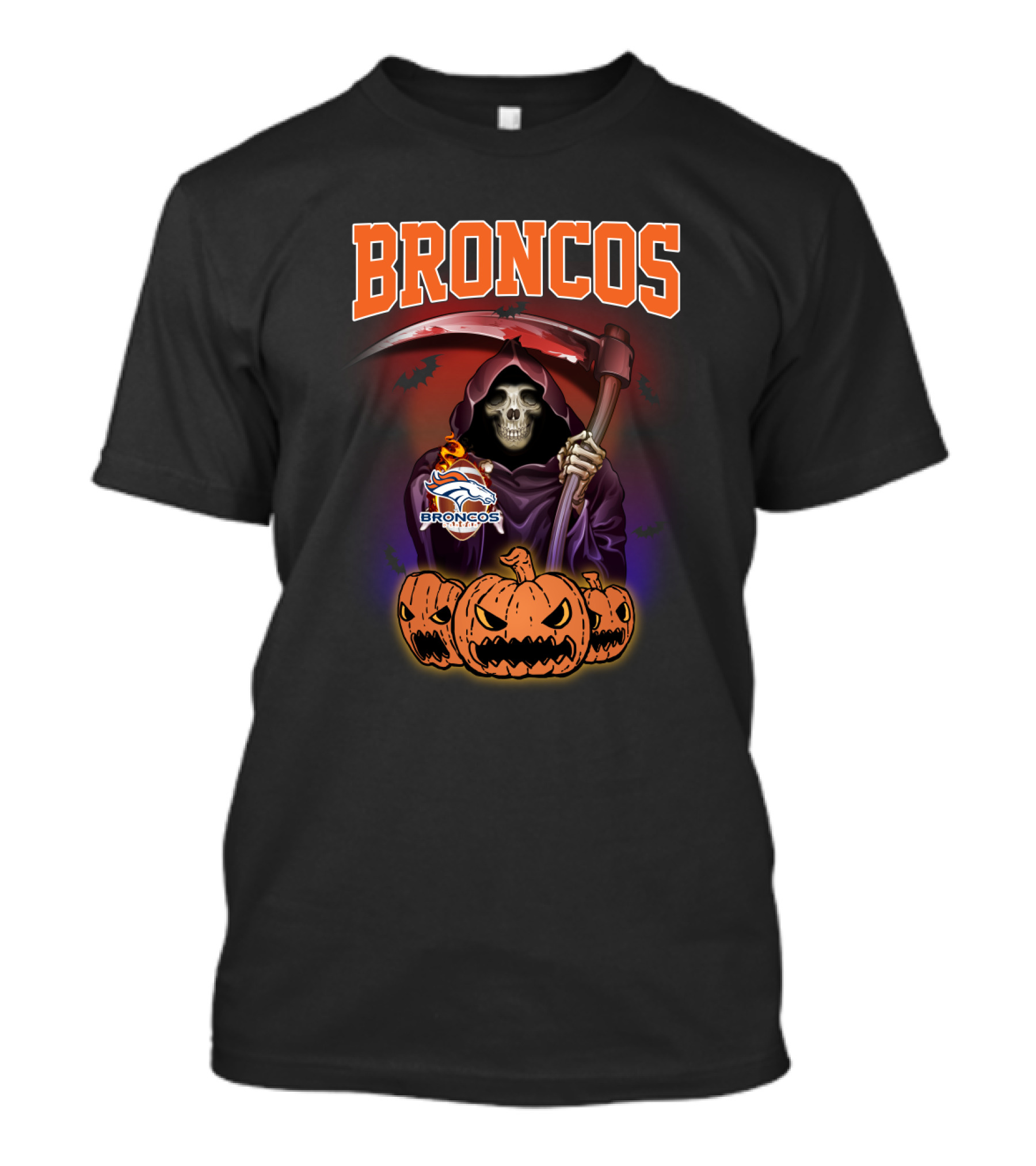 Broncos Halloween Reaper With Denver Broncos Logo And Scythe Scene T-Shirt
