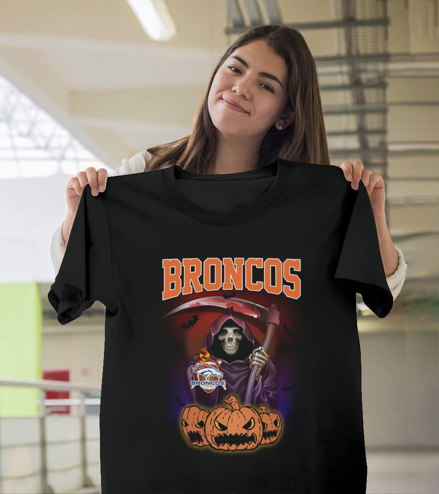 Broncos Halloween Reaper with Denver Broncos Logo and Scythe Scene T-Shirt