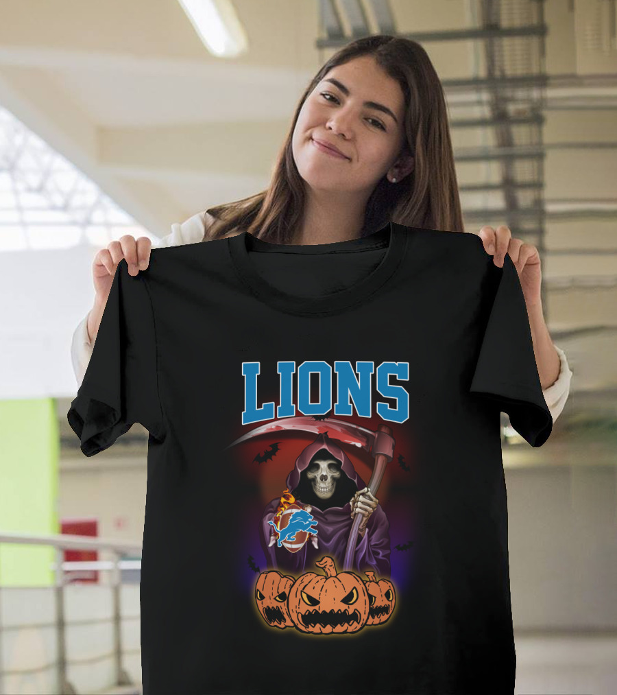Detroit Lions Reaper Halloween Pumpkins and Scythe T-Shirt
