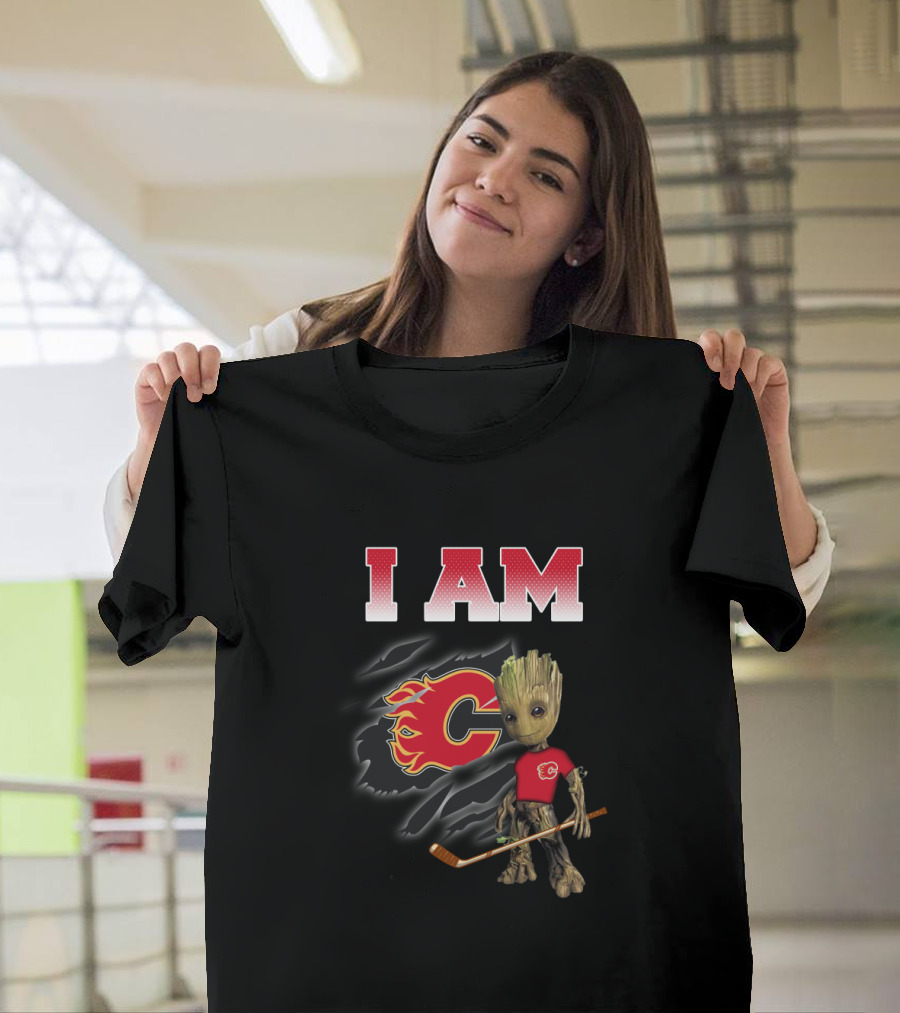 I Am Calgary Flames Groot With Hockey Stick And Flames T-Shirt