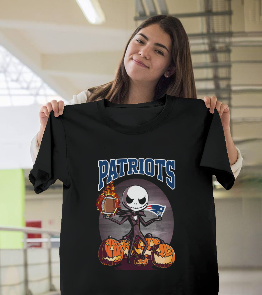 Patriots Halloween Jack Skeleton Holding Football Surrounded By Pumpkins T-Shirt