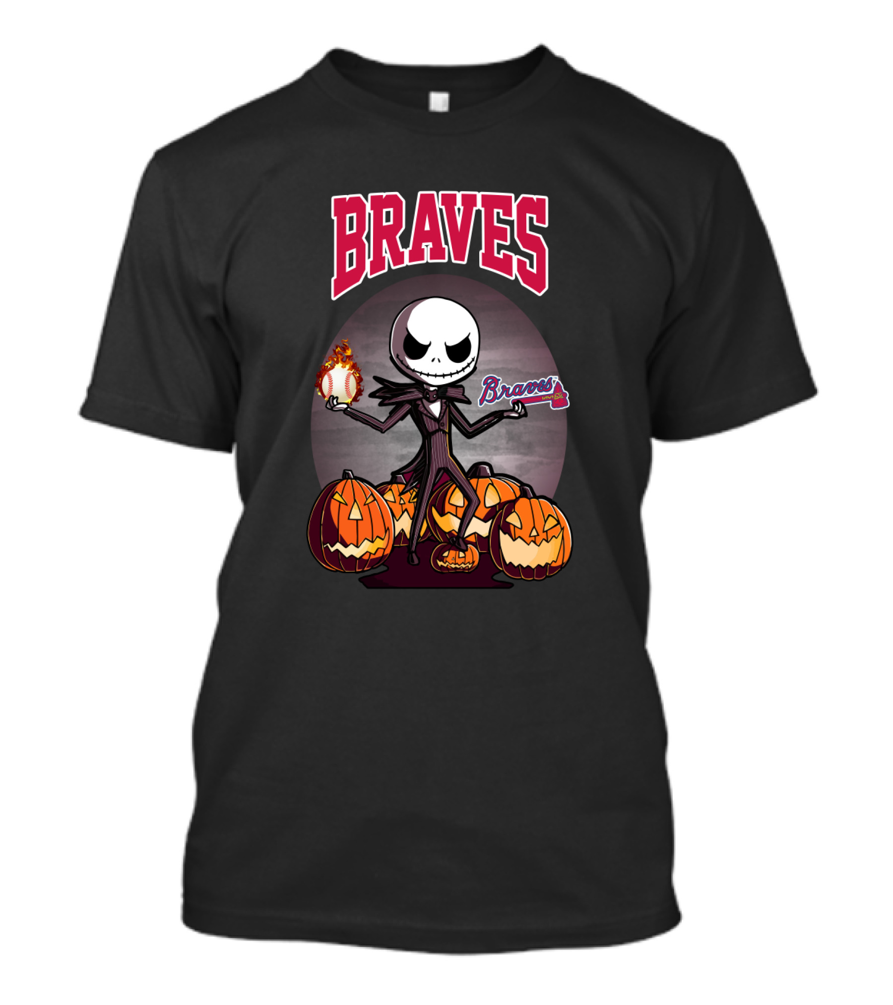 Braves Jack Skellington Halloween Pumpkins With Flaming Baseball T-Shirt