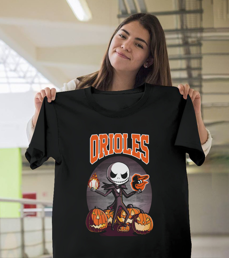 Orioles Halloween Jack Skellington Holding Flaming Baseball And Baltimore Orioles Logo Amidst Jack-O'-Lanterns T-Shirt