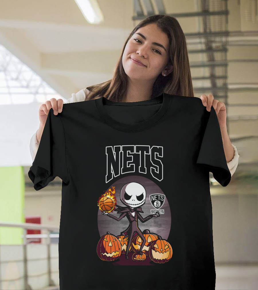 Jack Skellington Brooklyn Nets Halloween Pumpkins Basketball T-Shirt