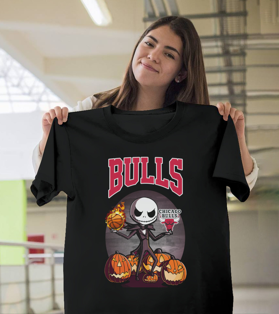 Bulls Halloween Jack Skellington Chicago Bulls Basketball Pumpkins T-Shirt