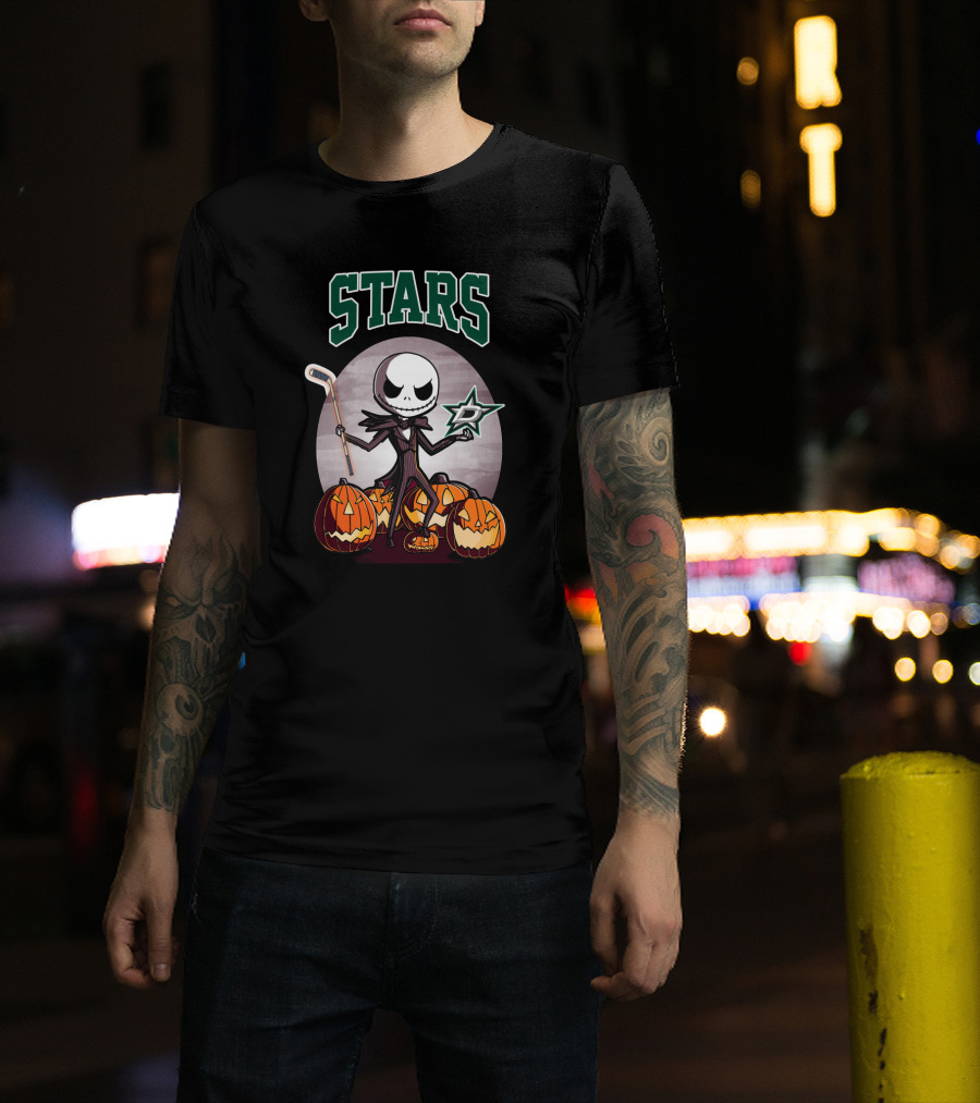 Dallas Stars Halloween Jack Skellington With Hockey Stick And Pumpkins T-Shirt