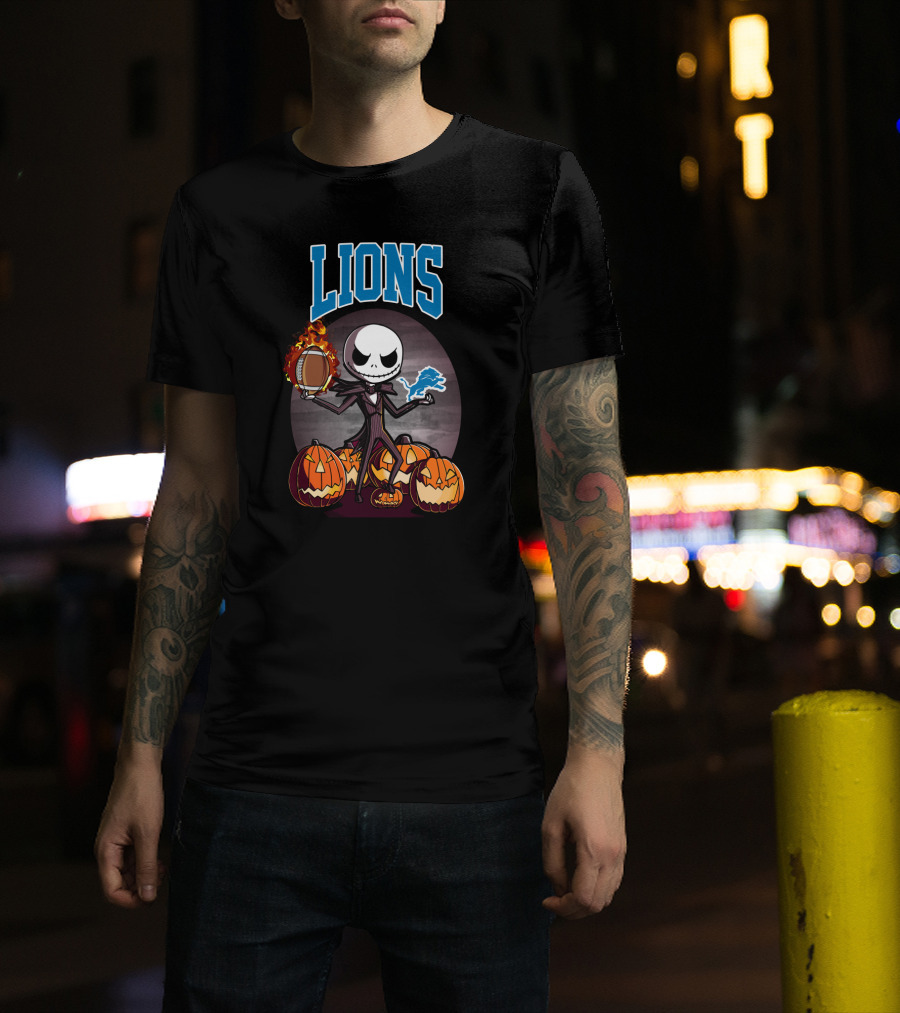 Jack Skellington Detroit Lions Halloween Football With Pumpkins T-Shirt