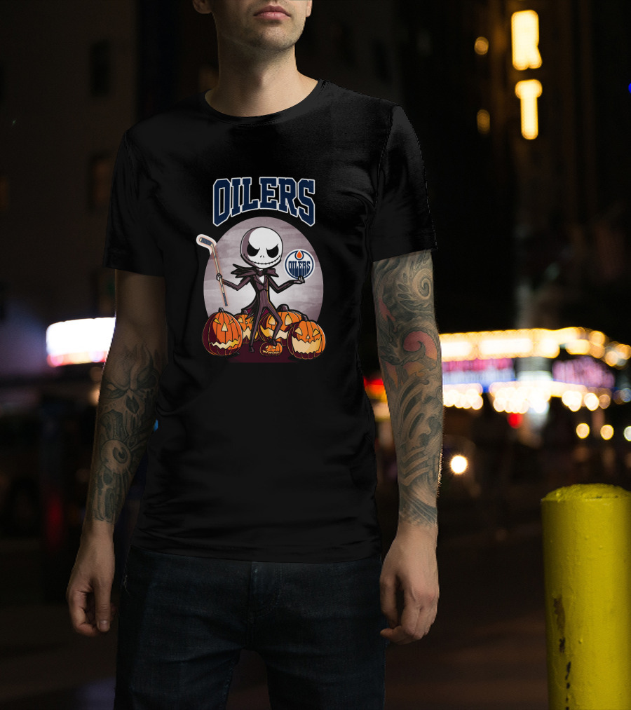 Oilers Jack Skellington Halloween Edmonton Oilers Hockey Pumpkin T-Shirt