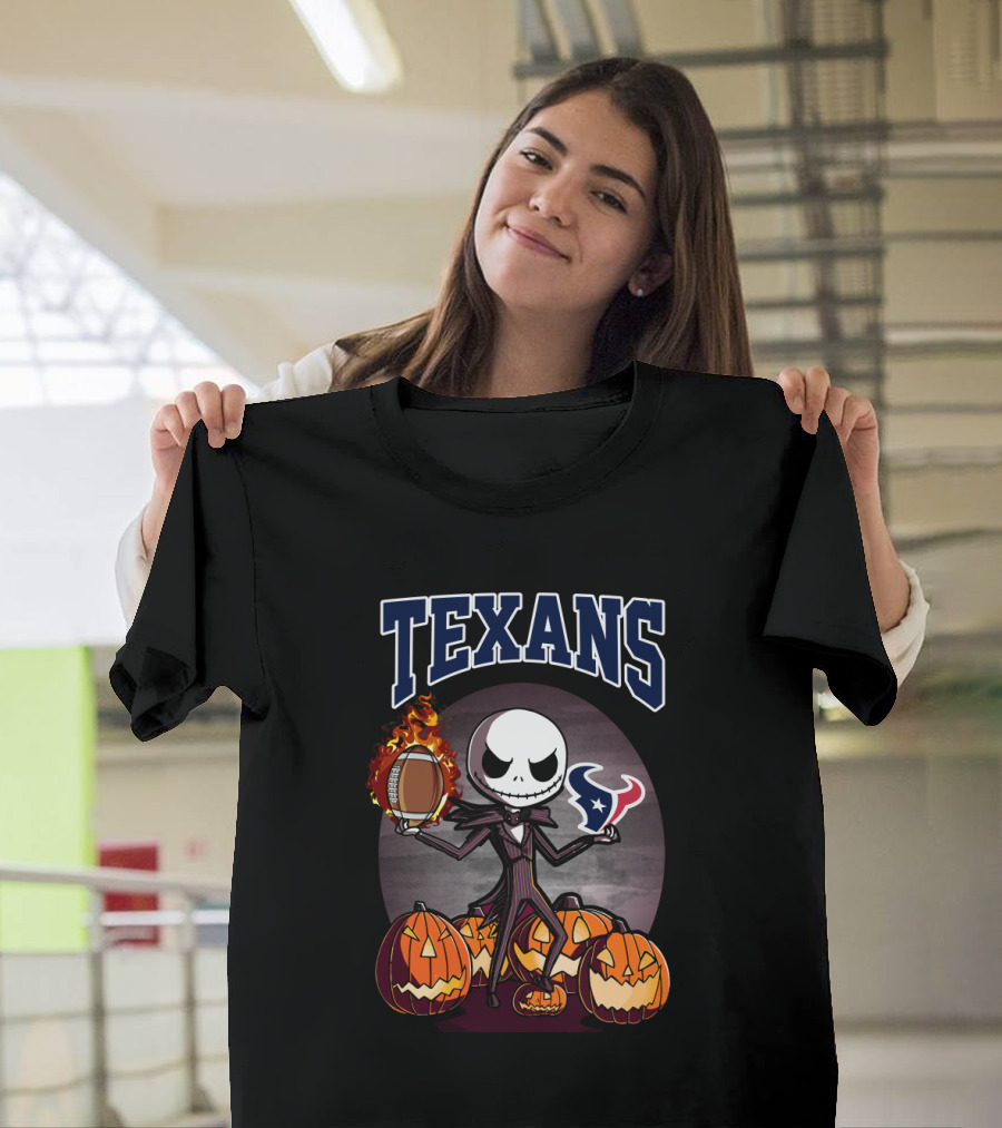 Jack Skellington Halloween Texans Football Theme With Pumpkins T-Shirt