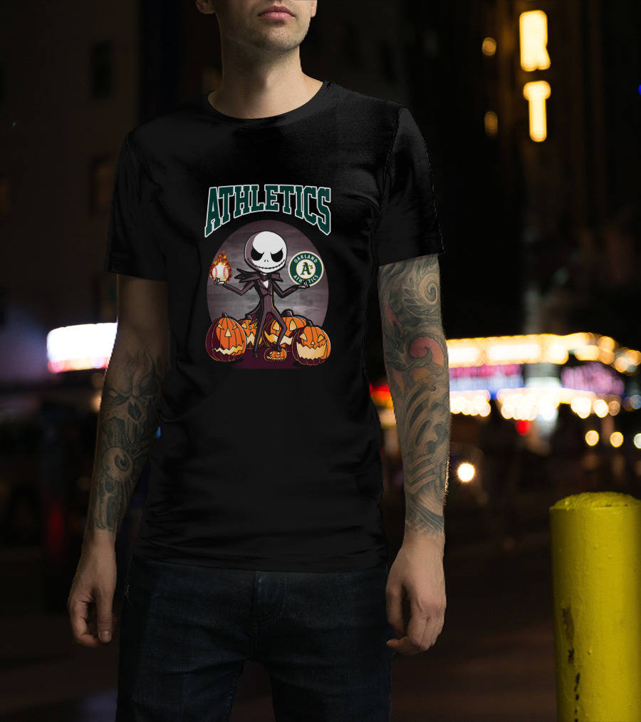 Athletics Jack Skellington With Oakland A's Logo And Halloween Pumpkins T-Shirt