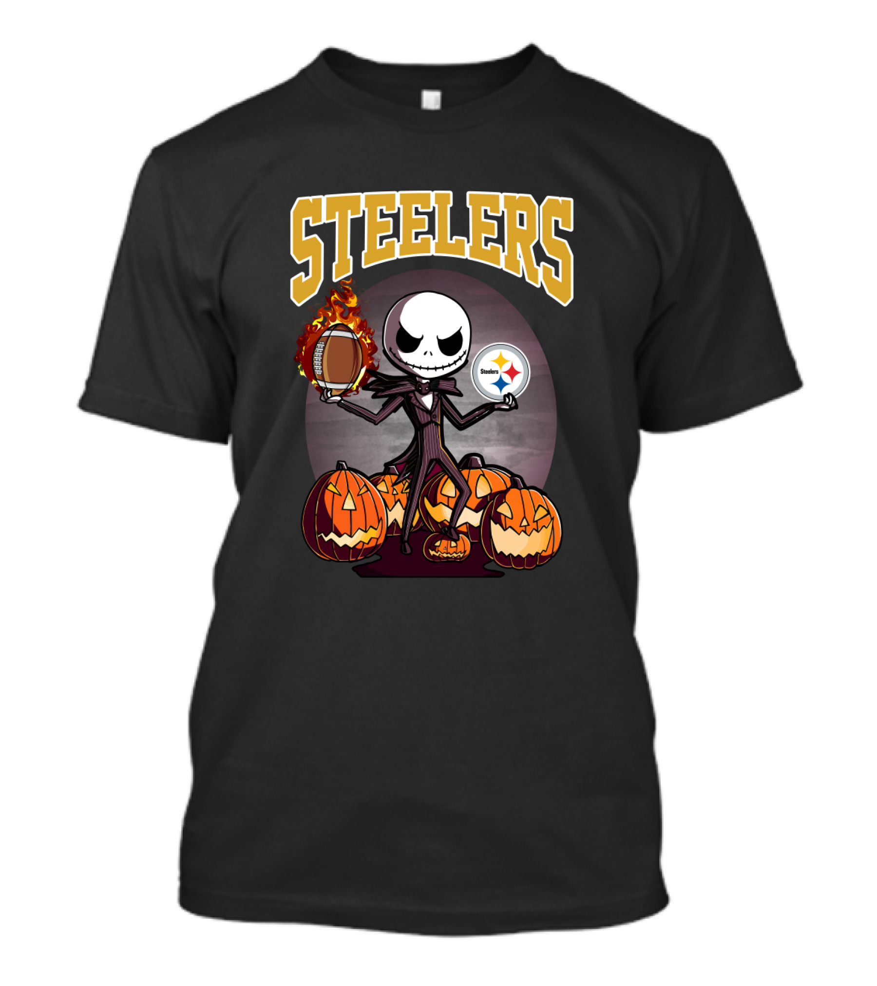 Steelers Jack Skellington Halloween Pumpkins Flaming Football Logos T-Shirt
