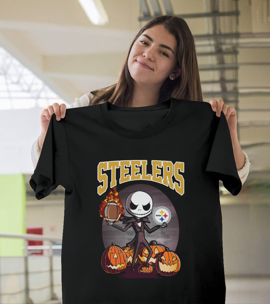Steelers Jack Skellington Halloween Pumpkins Flaming Football Logos T-Shirt