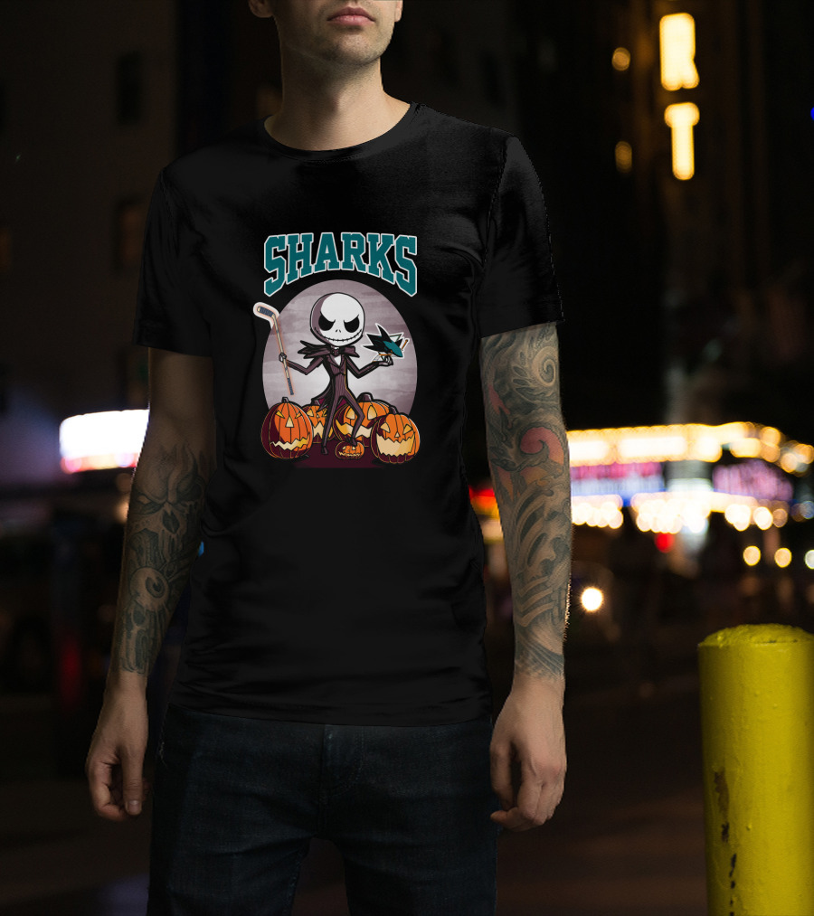 Jack Skellington San Jose Sharks Halloween Hockey Pumpkins T-Shirt