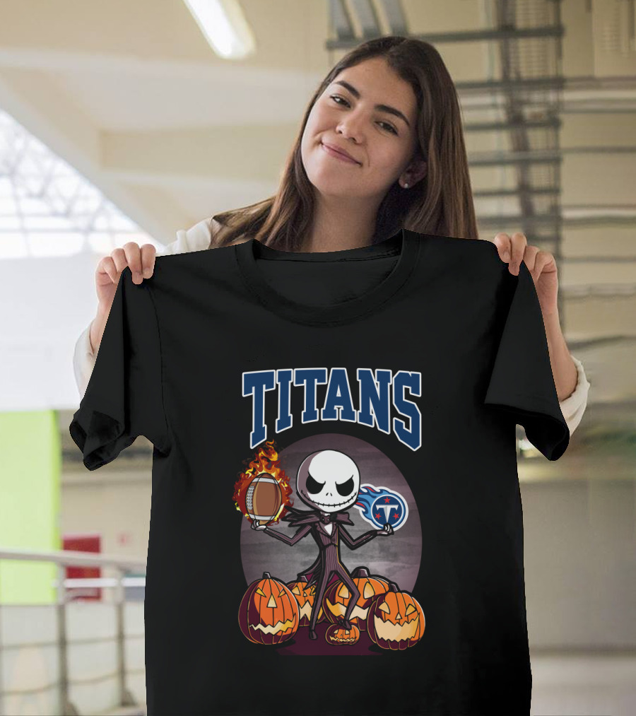 Halloween Jack Skellington with Pumpkins and Tennessee Titans Football T-Shirt