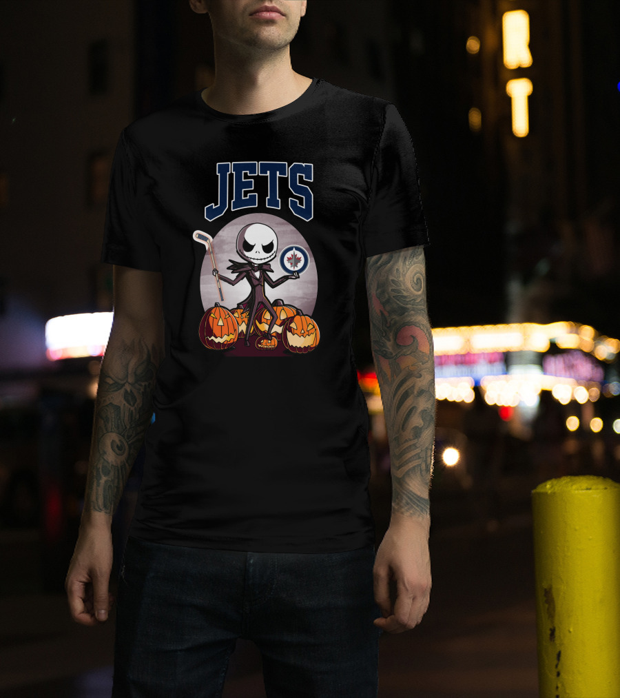Jack Skellington Halloween Winnipeg Jets Hockey And Pumpkins T-Shirt