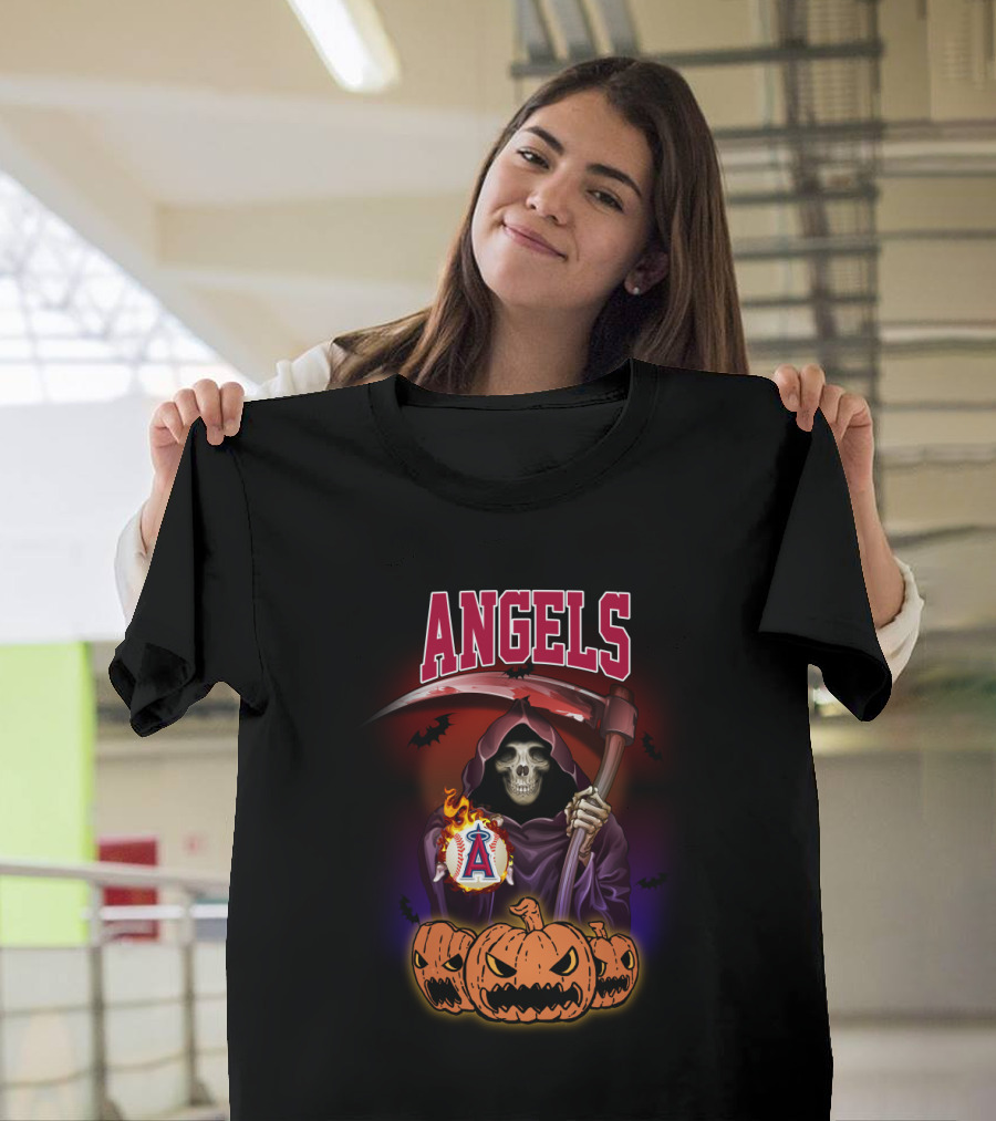 Angels Grim Reaper With Scythe And Halloween Pumpkins T-Shirt