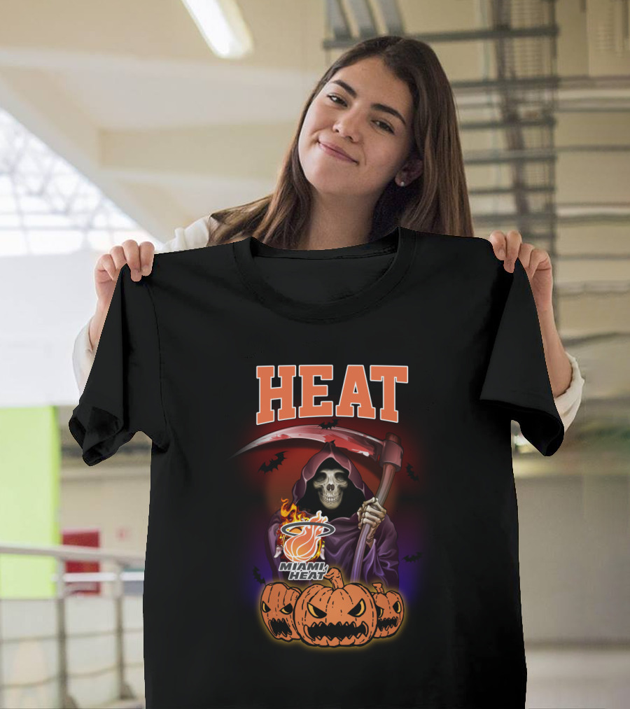 Miami Heat Reaper Halloween Theme With Pumpkins And Grim Scythe T-Shirt