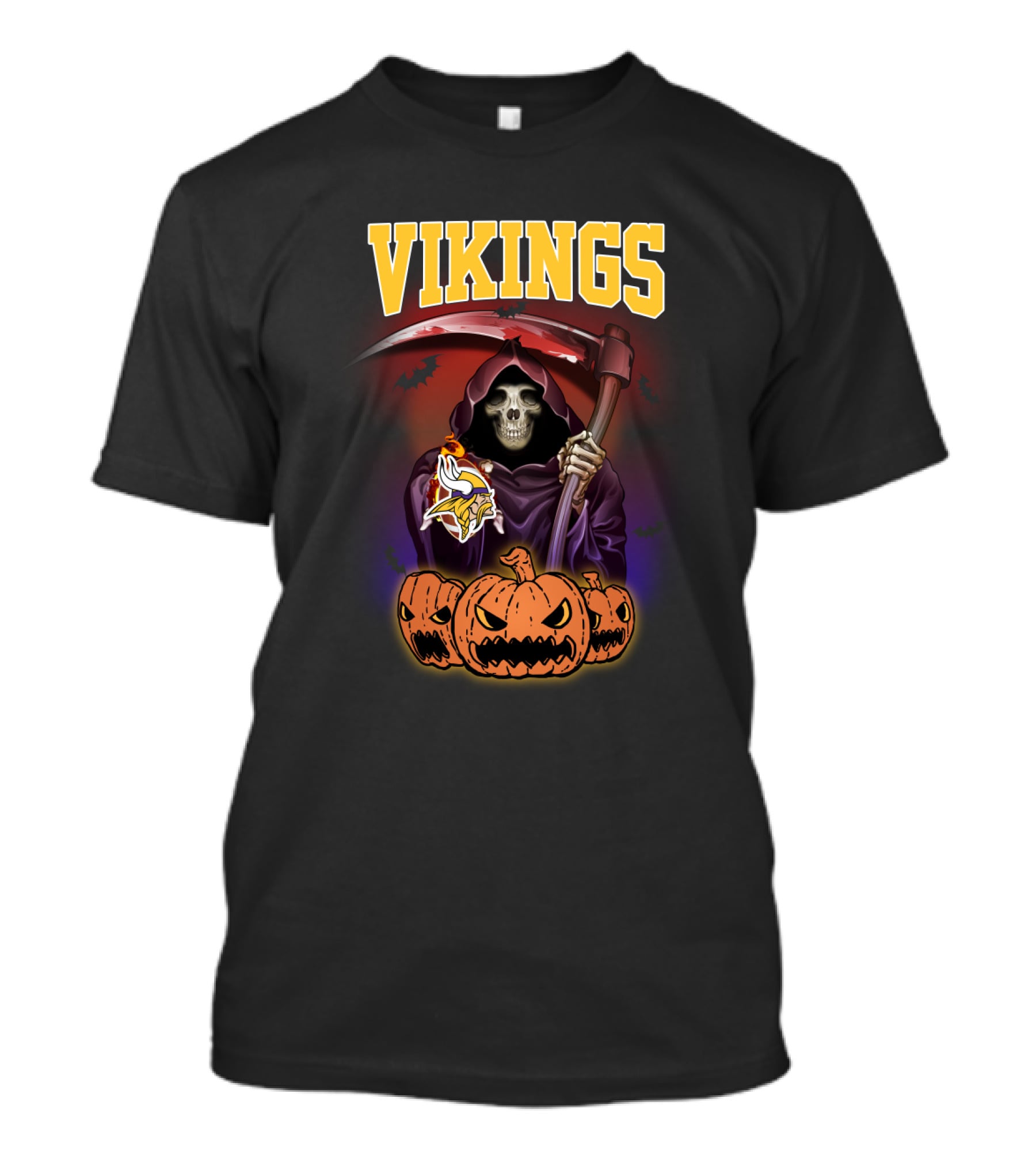 Vikings Halloween Grim Reaper With Scythe And Pumpkins Minnesota T-Shirt
