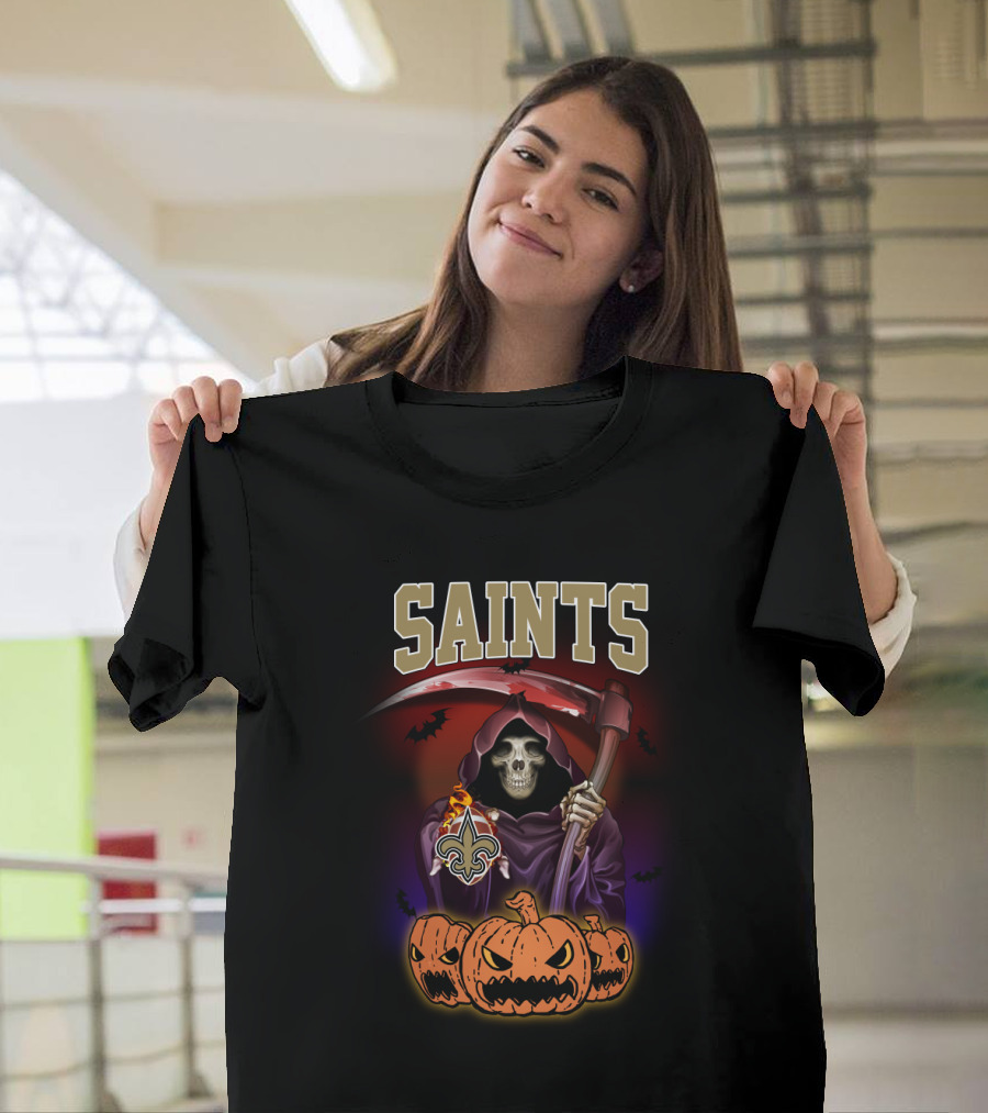 New Orleans Saints Reaper Holding Scythe with Pumpkins T-Shirt