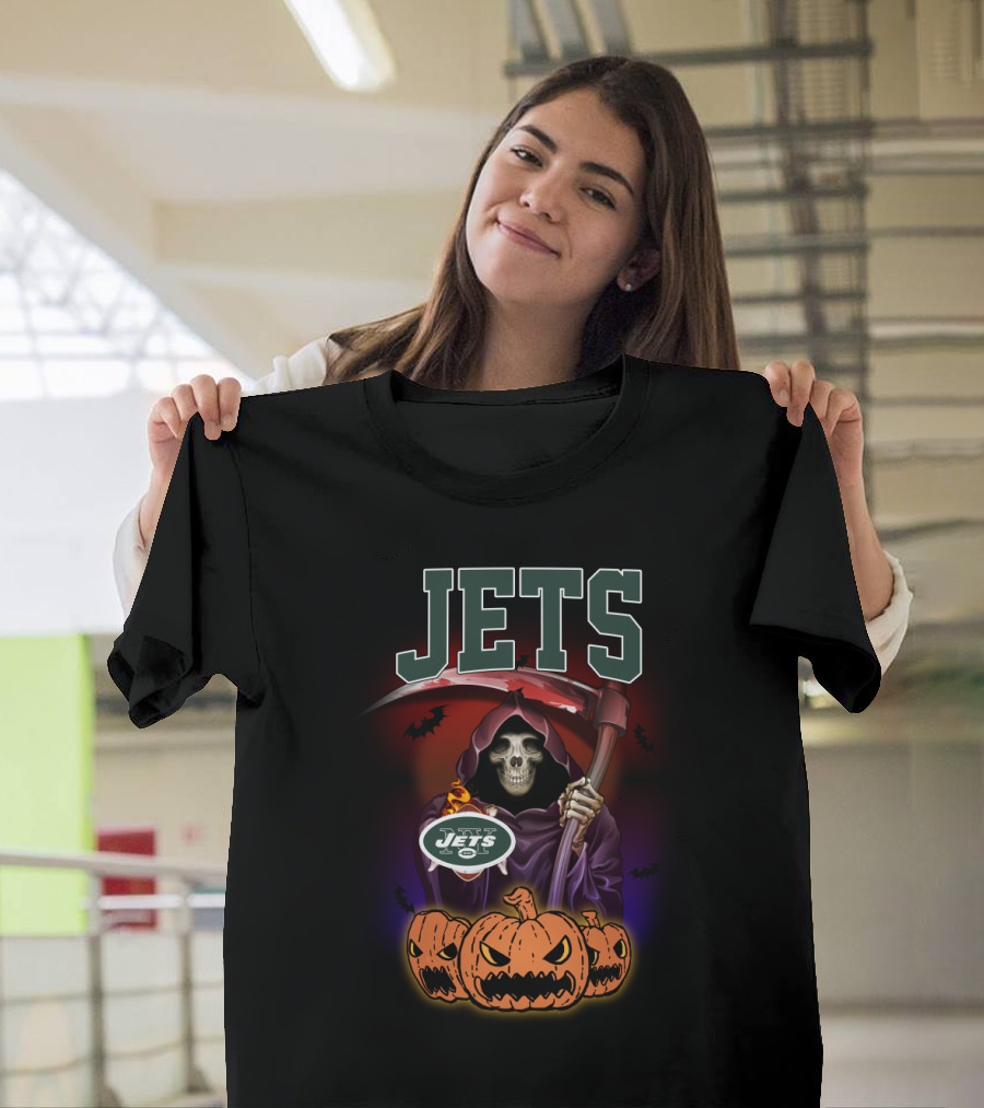 New York Jets Grim Reaper Halloween Theme with Pumpkins T-Shirt