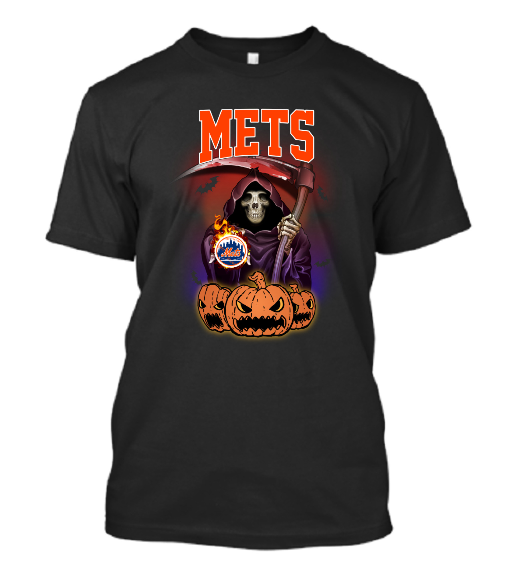 Mets Reaper Holding Flaming New York Logo Surrounded By Scary Pumpkins T-Shirt