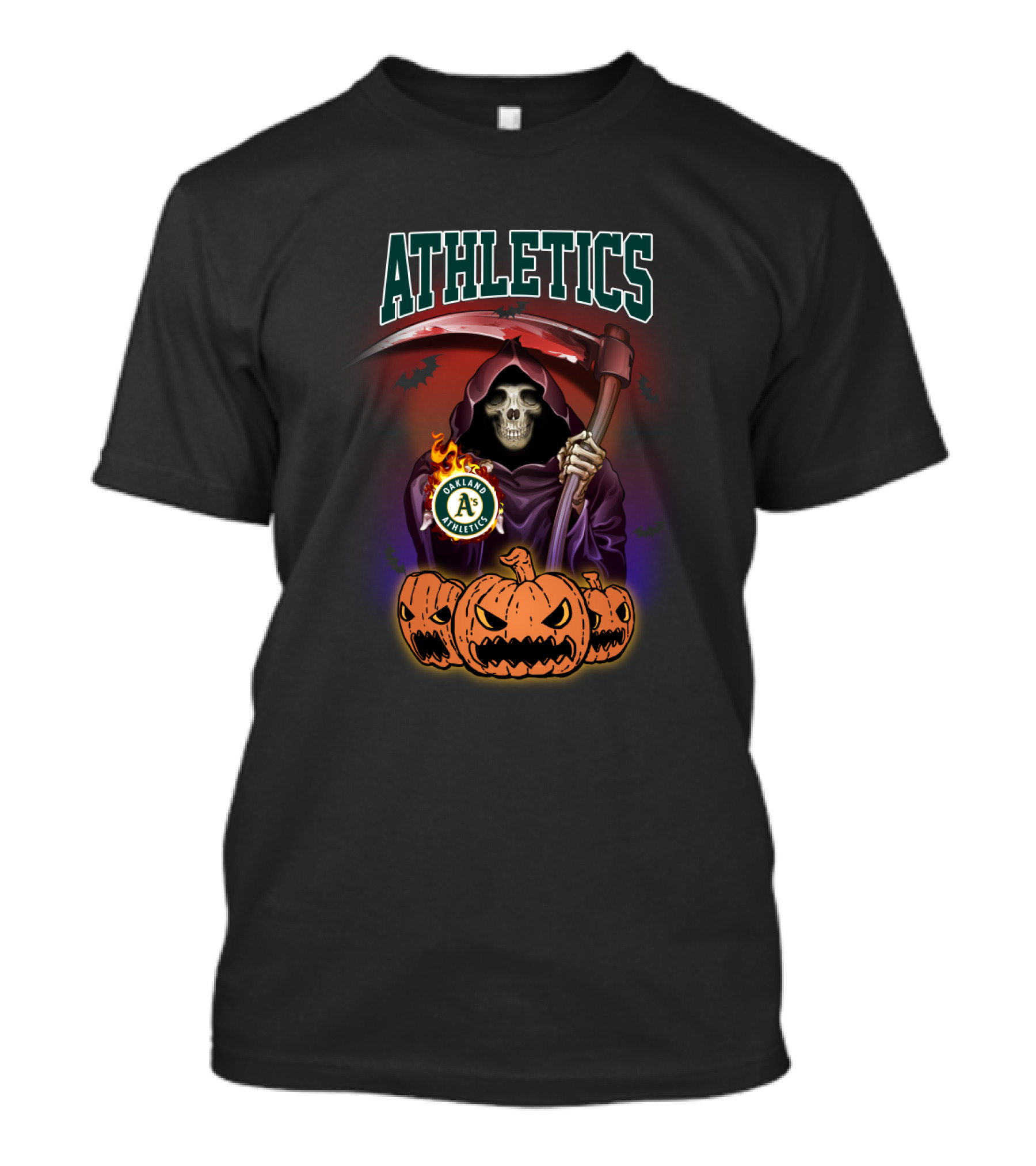 Athletics Skull Reaper With Oakland A's Logo And Halloween Pumpkins T-Shirt