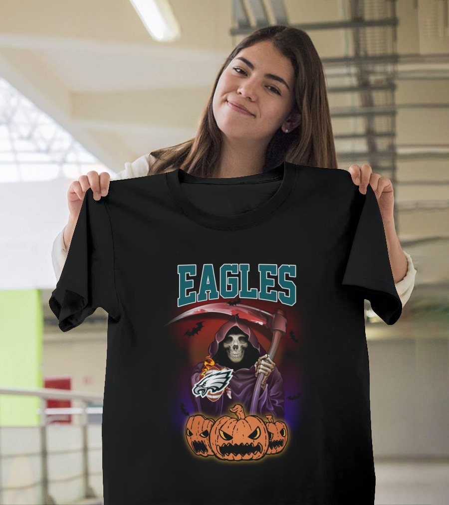 Eagles Reaper Halloween with Philadelphia Eagles Logo and Grim Pumpkin Trio T-Shirt