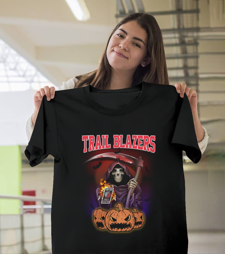 Trail Blazers Halloween Grim Reaper With Scythe And Pumpkins T-Shirt