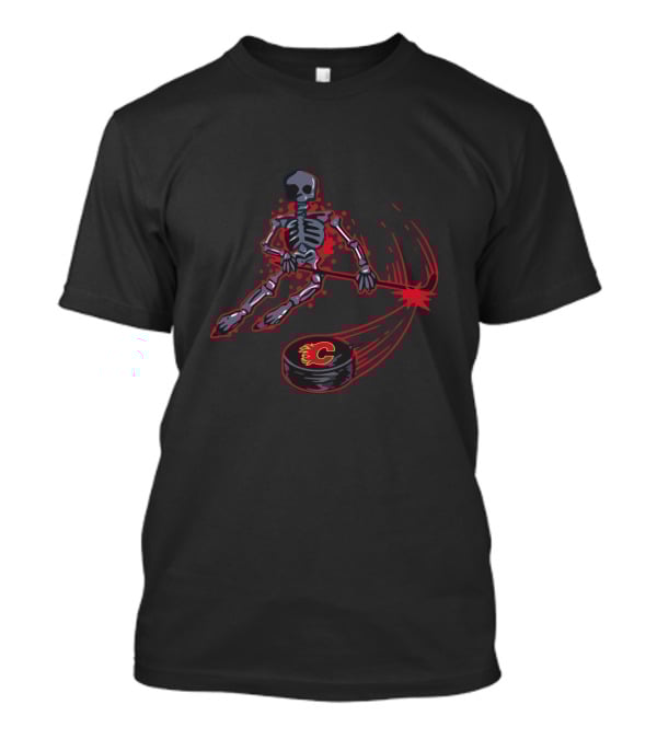 Skeleton Playing Ice Hockey Calgary Flames Puck T-Shirt