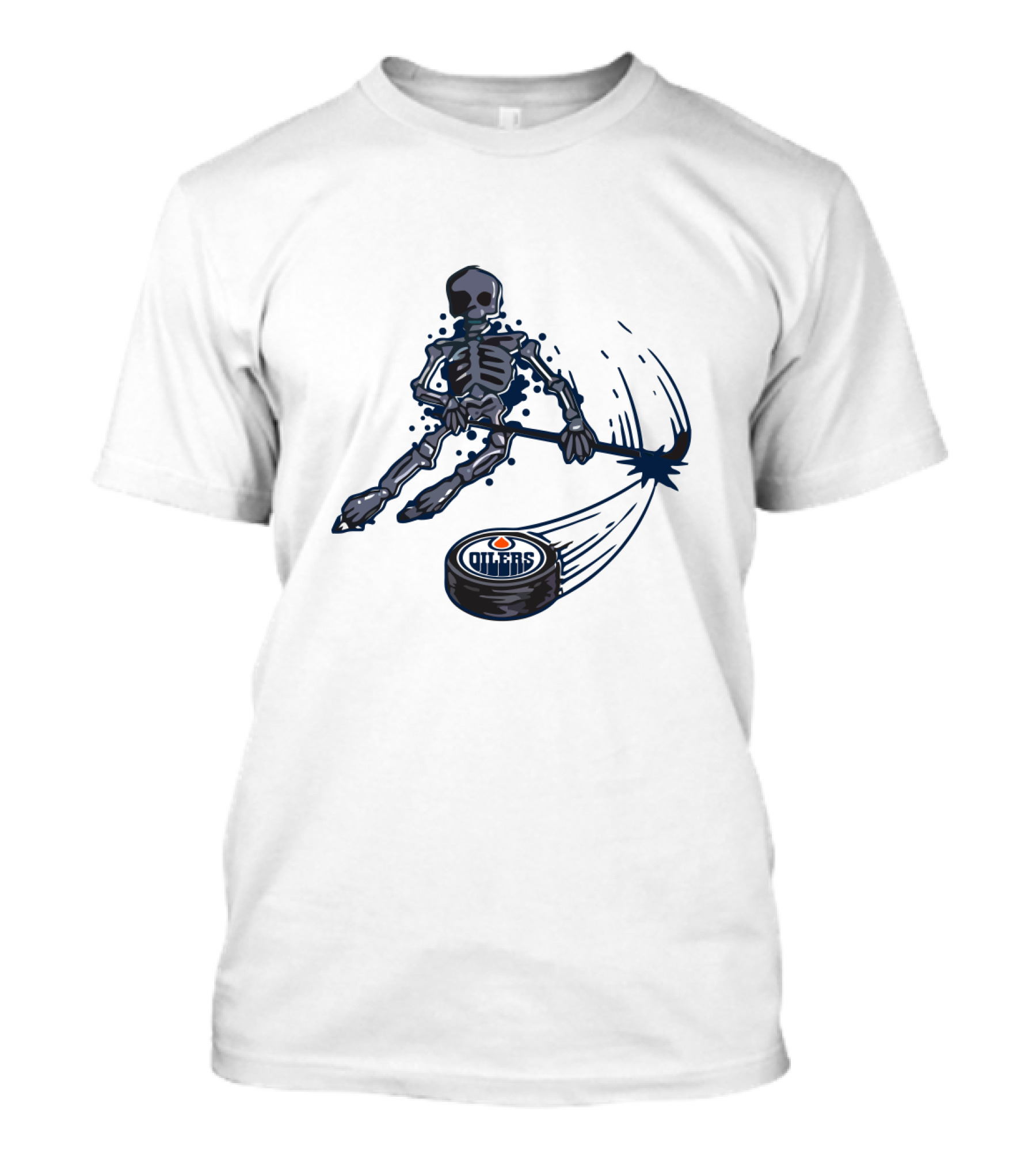 Edmonton Oilers Skeleton Playing Ice Hockey With Puck T-Shirt