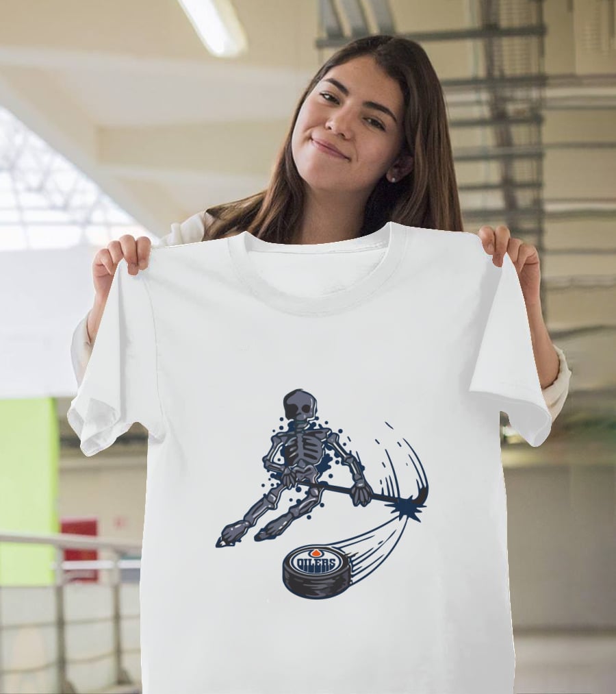 Edmonton Oilers Skeleton Playing Ice Hockey With Puck T-Shirt