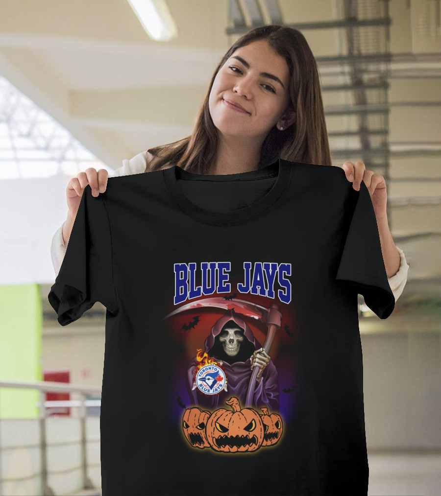 Toronto Blue Jays Reaper Halloween Theme with Grim Reaper and Pumpkins T-Shirt