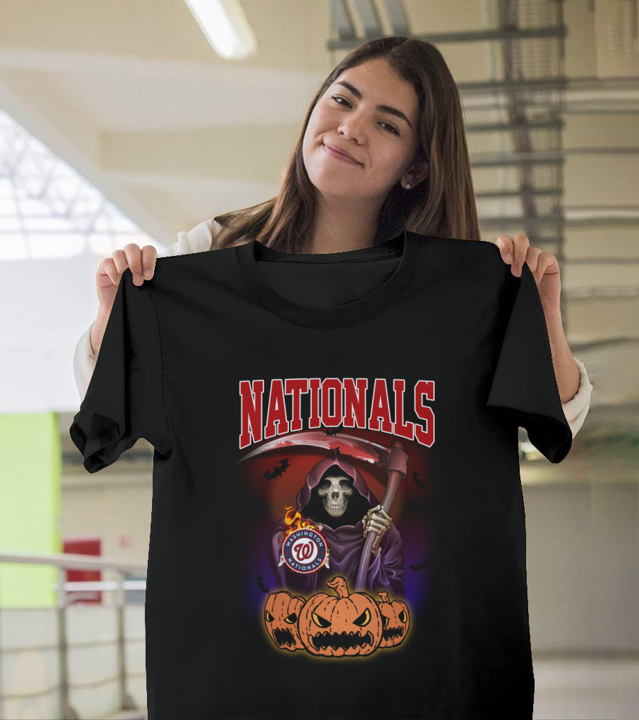 Nationals Grim Reaper With Washington Logo And Halloween Pumpkins T-Shirt