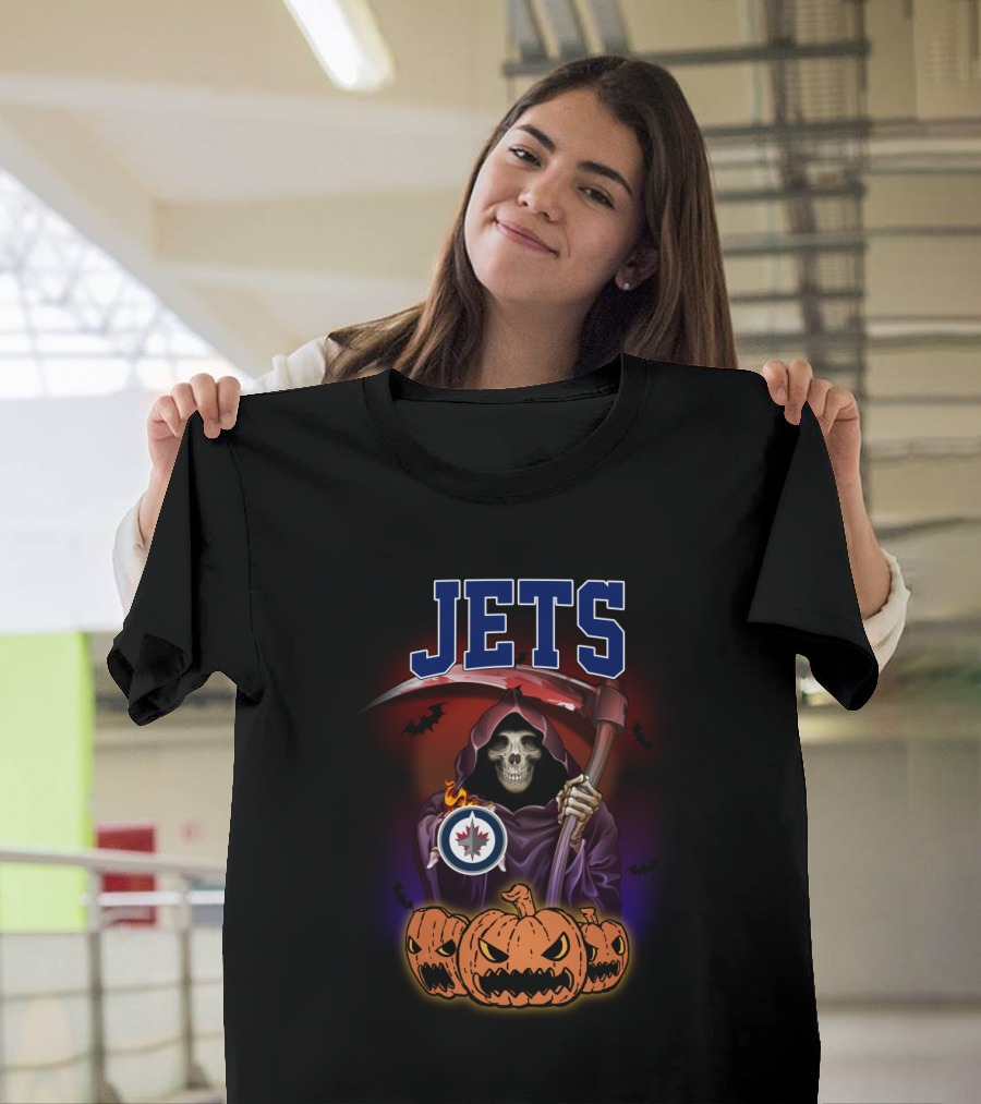 Winnipeg Jets Halloween Grim Reaper with Scythe and Pumpkins T-Shirt