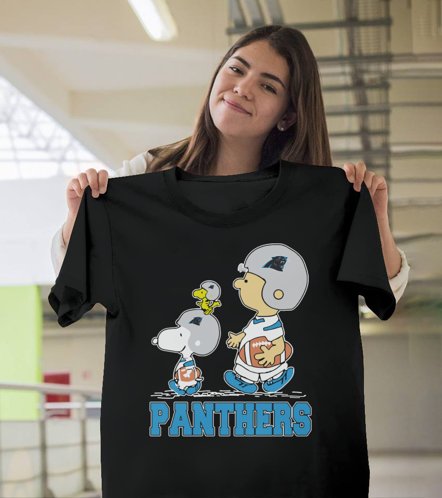 Snoopy And Woodstock With Carolina Panthers Football Helmets T-Shirt