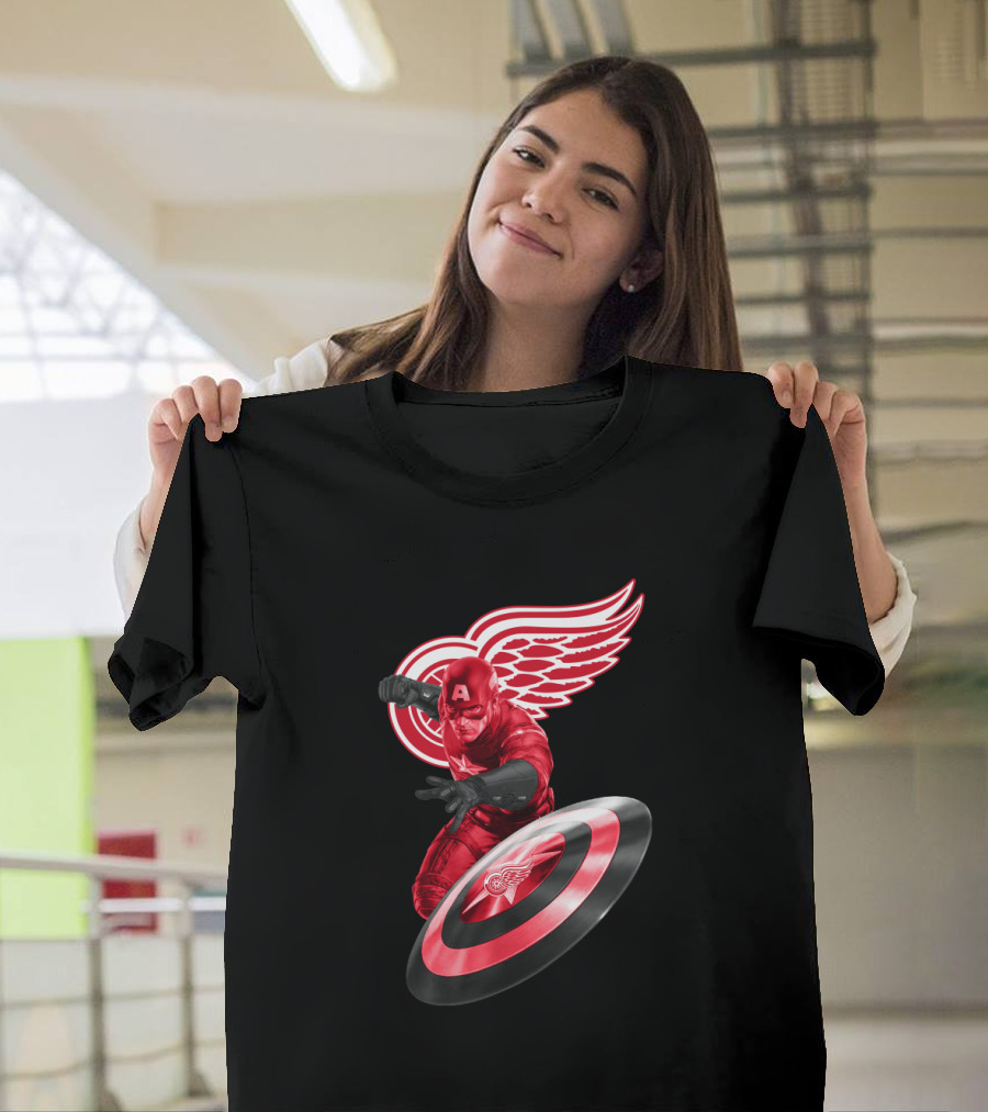 Detroit Red Wings Featuring Marvel's Captain America In Iconic Shield Pose T-Shirt