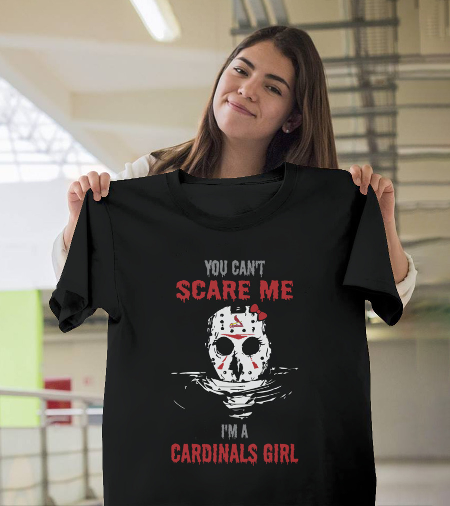 You Can't Scare Me I'm A Cardinals Girl Jason Voorhees Mask Red Bow T-Shirt
